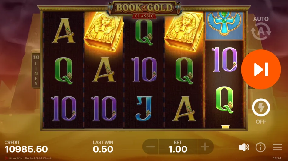 Free Spins trigger screen with three Book of Gold Scatter symbols on the reels